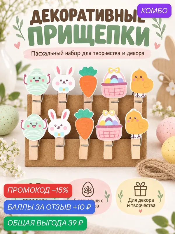 Набор декоративных прищепок "Весенняя пасха" набор 10 штук, для творчества — Школа талантов, скидка по промокоду Яндекс Маркет