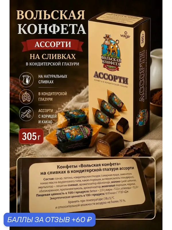 Вольский кондитер. Ассорти. Самые лучшие и вкусные Конфеты коровка 305 г — Вольский кондитер, 60 баллов за отзыв Яндекс Маркет