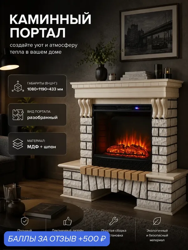 Электрокамин RealFlame Country WT МДФ с очагом Sparta 25, 5, звуковая имитация, пульт ДУ, обогрев, имитация пламени, звук — RealFlame, 500 баллов за отзыв Яндекс Маркет