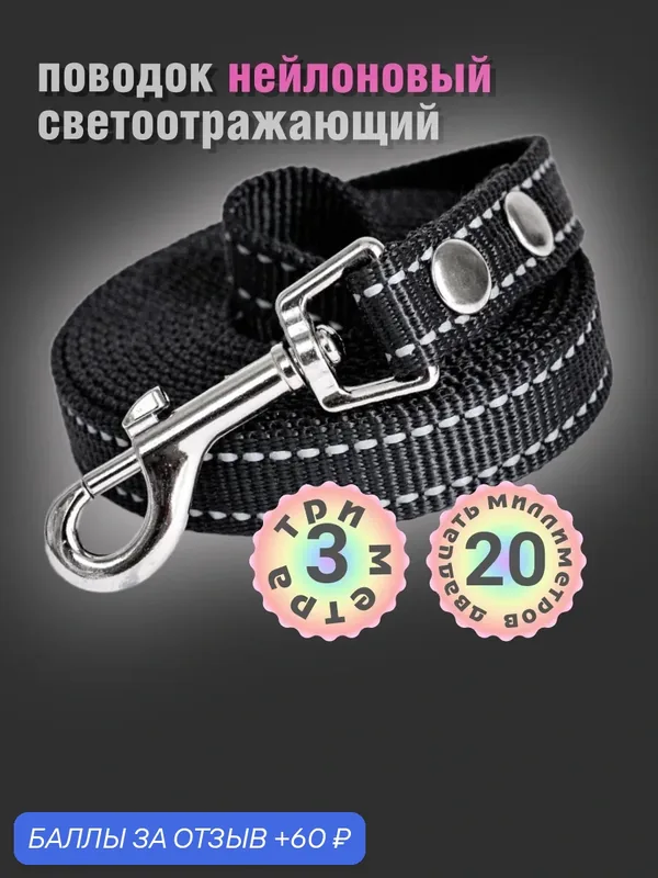 Поводок светоотражающий нейлоновый 3 метра 20мм для мелких и средних собак — 60 баллов за отзыв Яндекс Маркет