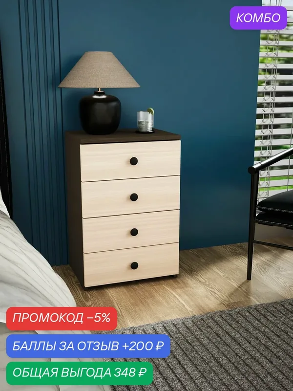 Тумба Витто-979 венге-дуб молочный с 4 ящиками, прикроватная, для прихожей, под стол, в коридор, в спальню, офисная — Profimebel, промокод и 200 баллов за отзыв Яндекс Маркет