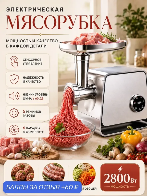 Мясорубка электрическая, сенсорное управление, насадки, мощность 2800 Вт, 5кг/мин — 60 баллов за отзыв Яндекс Маркет