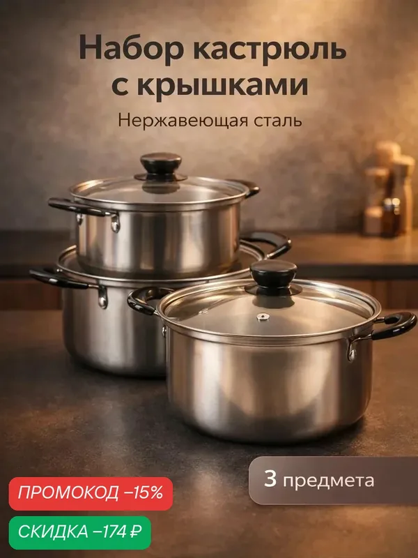 Набор кастрюль из нержавеющей стали, 3 предмета: кастрюли 1 л, 1, 4 л, 1, 8 л, d=15/17/18, 5 см, крышки, индукция — Доляна, скидка по промокоду Яндекс Маркет