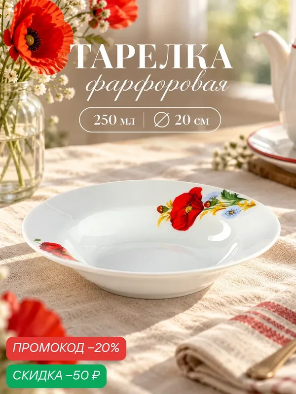 Тарелка глубокая «Маки красные», 230 мл, d=20 см, белая, фарфор — Добрушский фарфоровый завод, скидка по промокоду Яндекс Маркет