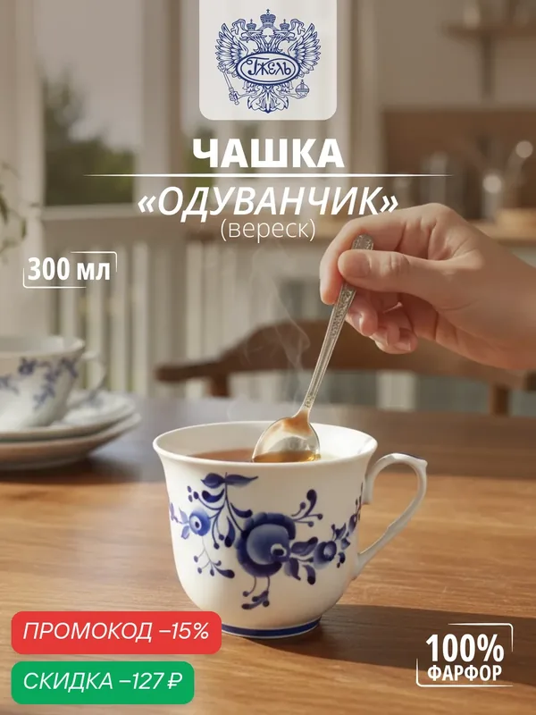 Фарфоровая чашка Одуванчик (вереск, авт. р. Рязанцева) "Объединение Гжель" — Объединение "Гжель", скидка по промокоду Яндекс Маркет
