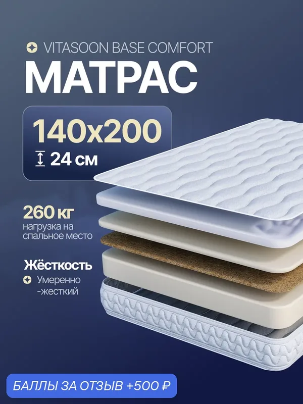 Матрас 140x200 беспружинный высота 24 см Vitasoon Base Comfort — VitaSoon, 500 баллов за отзыв Яндекс Маркет