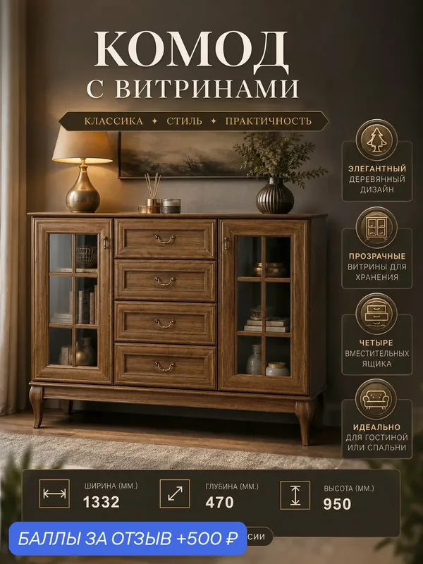 Комод со стеклом Прованс 106 цвет Коричневый (Орех), с полками, с ящиками, для гостиной — 500 баллов за отзыв Яндекс Маркет