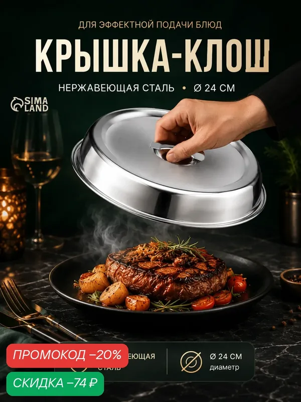 Крышка-клош SKYPHOS, нержавеющая сталь, 24х4 см, серебристый хром — SKYPHOS, скидка по промокоду Яндекс Маркет