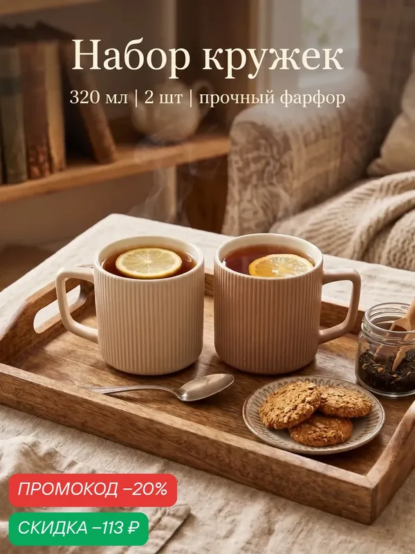Кружки парные «Мокко», набор 2 шт, 320 мл, фарфор, цвет бежевый — Сима-ленд, скидка по промокоду Яндекс Маркет