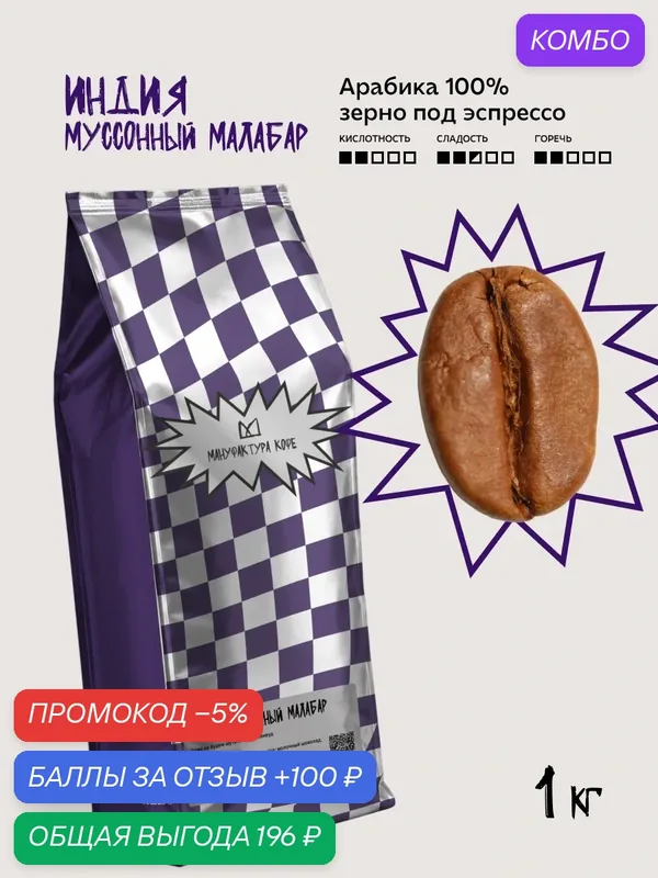 Кофе в зернах Мануфактура кофе Индия Муссонный малабар, арабика 100%, средняя обжарка — Мануфактура Кофе, промокод и 100 баллов за отзыв Яндекс Маркет