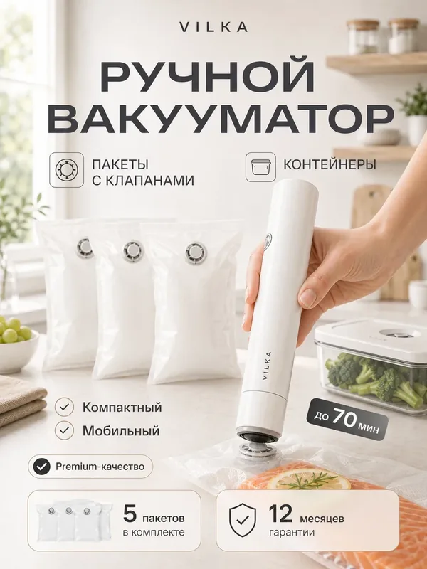 Ручной вакуумный упаковщик VILKA VZ-H20, портативный, 5л/м, 65кПа, 5 пакетов, Type-C — VILKA, скидка по промокоду Яндекс Маркет