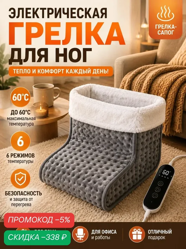 Электрическая грелка для ног с пультом, электрогрелка-сапог с подогревом, теплая грелка для дома и офиса — скидка по промокоду Яндекс Маркет