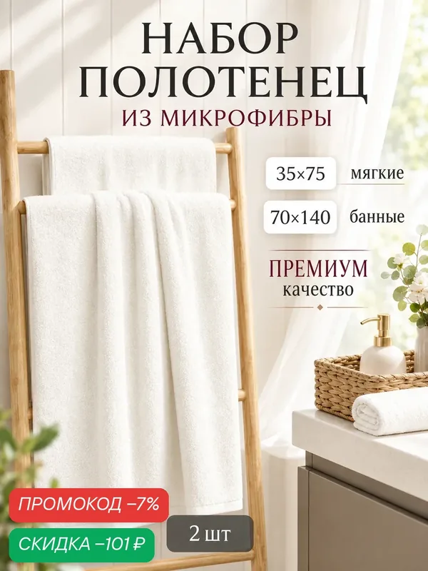 Полотенце банное набор 2 шт Павлина 70х140 и 35х75 см, из микрофибры, молочный — скидка по промокоду Яндекс Маркет