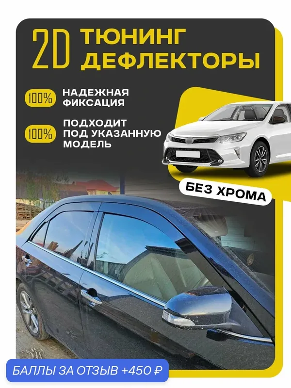 Плоские тюнинг дефлекторы для Toyota Camry 50-55 (2011-2018) / Ветровики 2d дефлекторы для Тойота Камри 50-55. Комплект 8 шт. — 450 баллов за отзыв Яндекс Маркет
