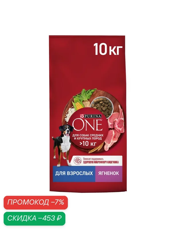 Корм сухой для взрослых собак PURINA ONE Adult с ягненком и рисом, для средних и крупных пород, 10кг — Purina ONE, скидка по промокоду Яндекс Маркет