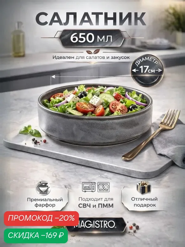 Тарелка суповая, салатник фарфоровый для подачи и сервировки Magistro "Urban", 650 мл, d=17 см, цвет серый — Magistro, скидка по промокоду Яндекс Маркет