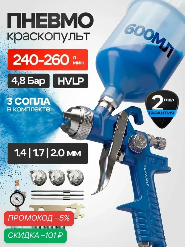 Краскопульт для компрессора, пневматический SCHWARZ 4 бар, 250 л/мин, пистолет-распылитель для покраски — SCHWARZ, скидка по промокоду Яндекс Маркет
