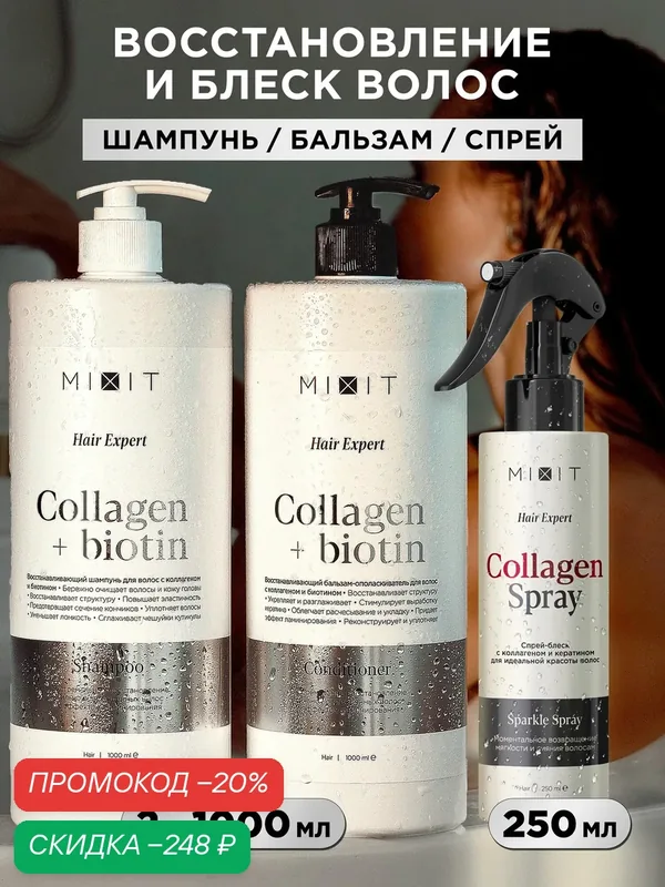 Набор для восстановления волос MIXIT шампунь, бальзам и спрей, с коллагеном и биотином — MIXIT, скидка по промокоду Яндекс Маркет