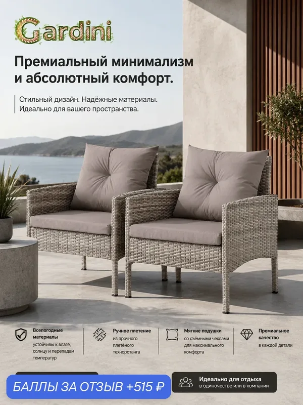 Комплект кресел GARDINI Фьорд-2 из искусственного ротанга, серый — Gardini, 515 баллов за отзыв Яндекс Маркет