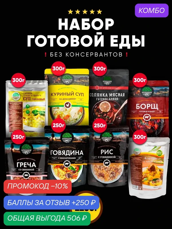 Набор из 8 готовых блюд Кронидов: Суп гороховый/ Куриный суп по-домашнему/ Борщ/ Греча со свининой/ Макароны с говядиной/ Рис с говядиной/ Картофель с говядиной. Готовая еда — Кронидов, промокод и 250 баллов за отзыв Яндекс Маркет