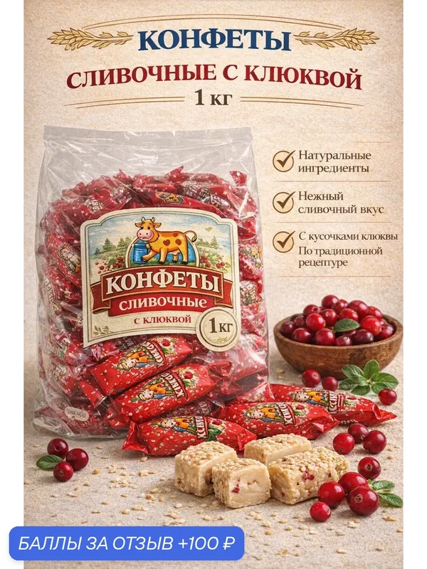 Конфеты Вольский кондитер "Cream Fudge", с клюквой, помадные, без пальмового масла, 1кг — Вольский кондитер, 100 баллов за отзыв Яндекс Маркет