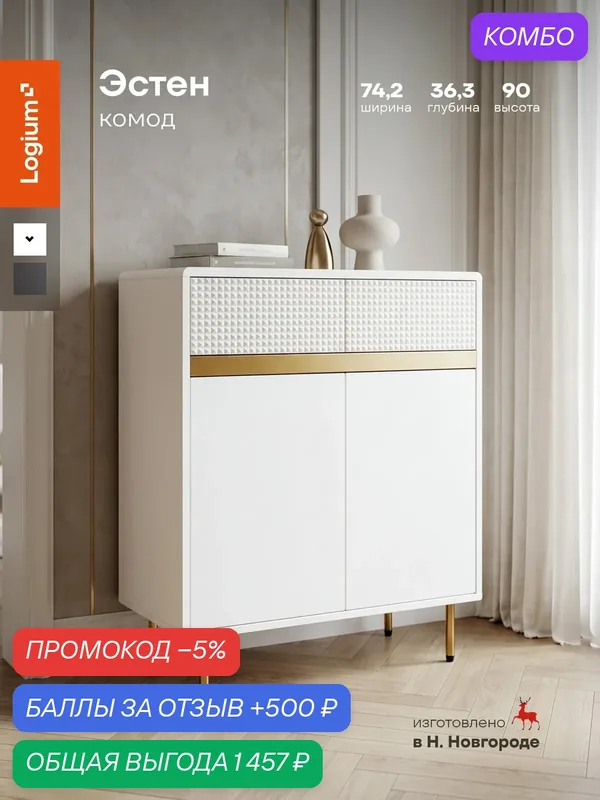 Комод Эстен 16.251, фрезерованный фасад, белый шагрень/поталь золото, эксклюзивный дизайн — LOGIUM, промокод и 500 баллов за отзыв Яндекс Маркет