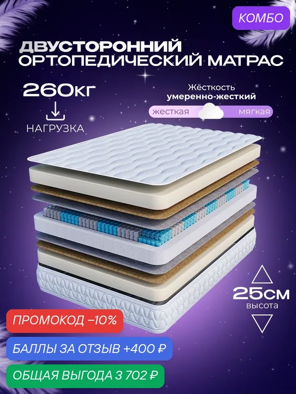 Матрас пружинный 180x200 см высота 25 см Vitaflex Ortho Sleep Sk двуспальный — Vitaflex, скидка по промокоду Яндекс Маркет