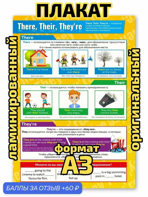 Плакат Квинг "There, Their, They're", ламинированный, А3, для изучения английского языка — Квинг, 60 баллов за отзыв Яндекс Маркет