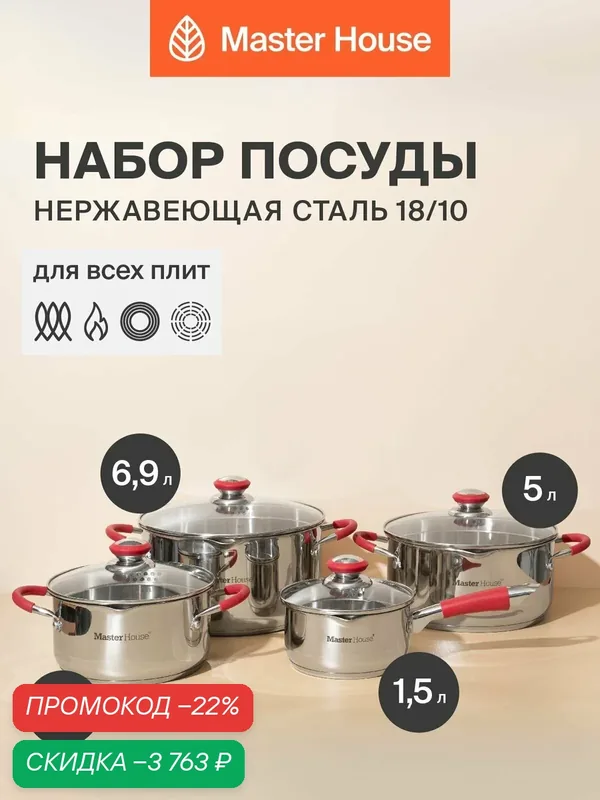 Набор кастрюль из нержавеющей стали с крышкой, серия Rosse Master House — Master House, скидка по промокоду Яндекс Маркет