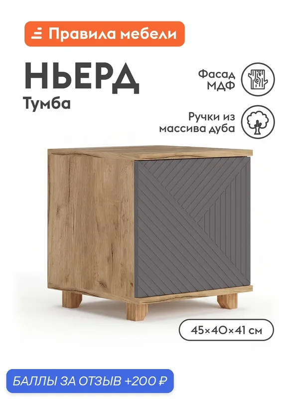 Тумба прикроватная Ньерд с полками, 40х41х45 см, Дуб Вотан / Черника — Правила мебели, 200 баллов за отзыв Яндекс Маркет