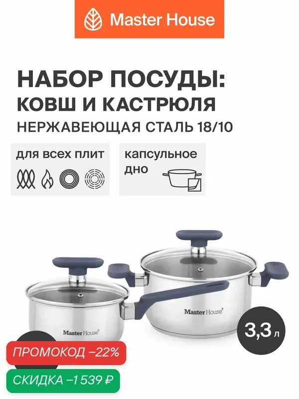 Набор кастрюль с крышкой из нержавеющей стали Master House из серии посуды Симба — Master House, скидка по промокоду Яндекс Маркет