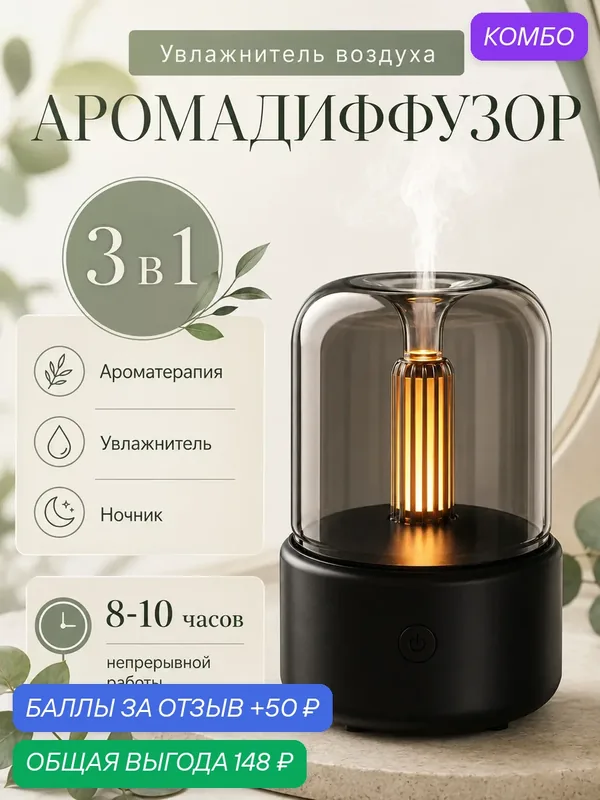 Увлажнитель воздуха с подсветкой Свеча, Ультразвуковой аромадиффузор ночник для дома, Черный — промокод и 50 баллов за отзыв Яндекс Маркет