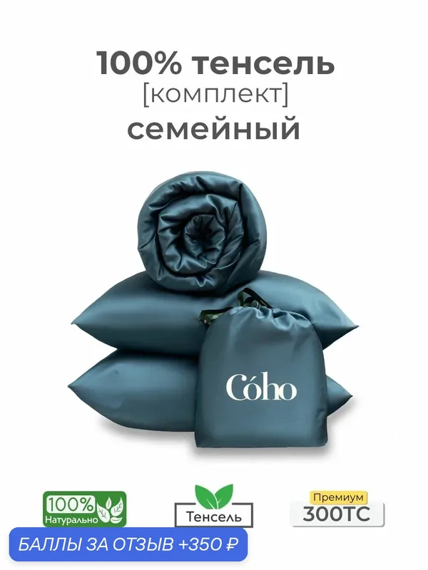 Комплект постельного белья, семейный, 50x70, тенсель, серо-голубой, Coho Home — Coho, 350 баллов за отзыв Яндекс Маркет