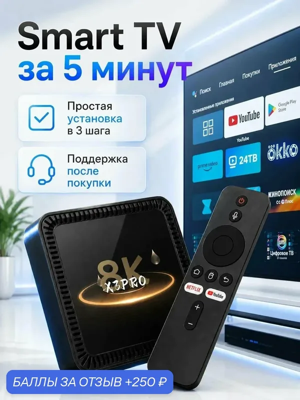 Смарт ТВ приставка для телевизора, Nerra, 8/128 Gb, медиаплеер Android 14 — промокод и 250 баллов за отзыв Яндекс Маркет