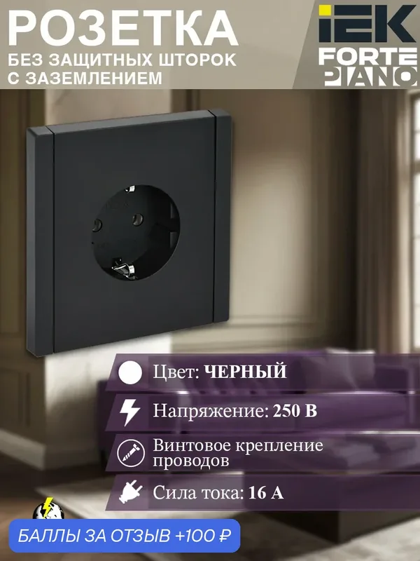 Розетка одноместная с заземлением 16А, цвет черный IEK "FORTE&PIANO" FP114 (2 шт) — IEK, 100 баллов за отзыв Яндекс Маркет