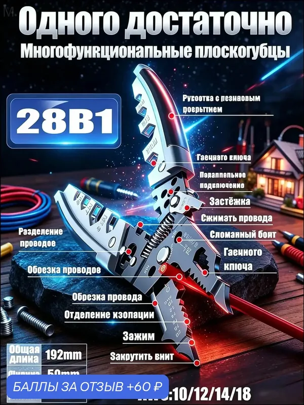 28 в 1 плоскогубцы / электрик универсальный / плоскогубцы многофункциональные — 60 баллов за отзыв Яндекс Маркет