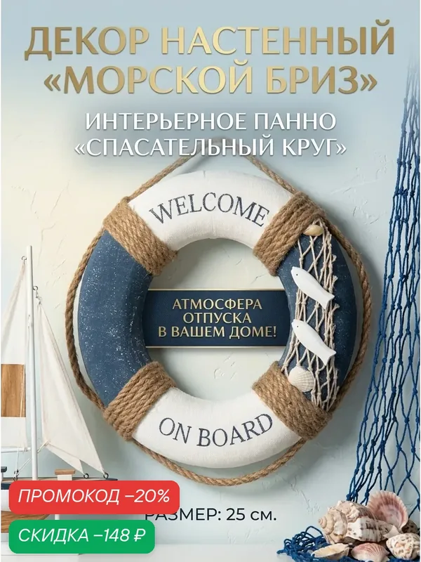 Панно «Спасательный круг», настенное, текстиль, пластик, 25x25 см — Сима-ленд, скидка по промокоду Яндекс Маркет