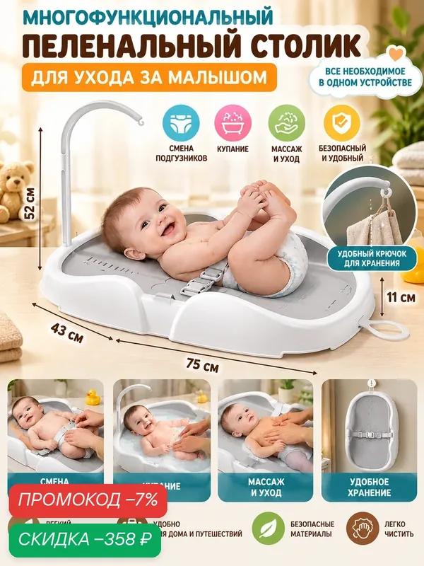 Пеленальная доска, Пеленальный столик для малыша, для купания и массажа, ремень безопасности — скидка по промокоду Яндекс Маркет