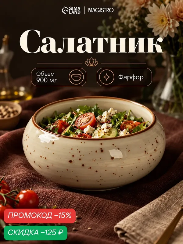 Салатник Magistro Mediterana, 900 мл, d=16.8 см, фарфор, бежевый — Magistro, скидка по промокоду Яндекс Маркет