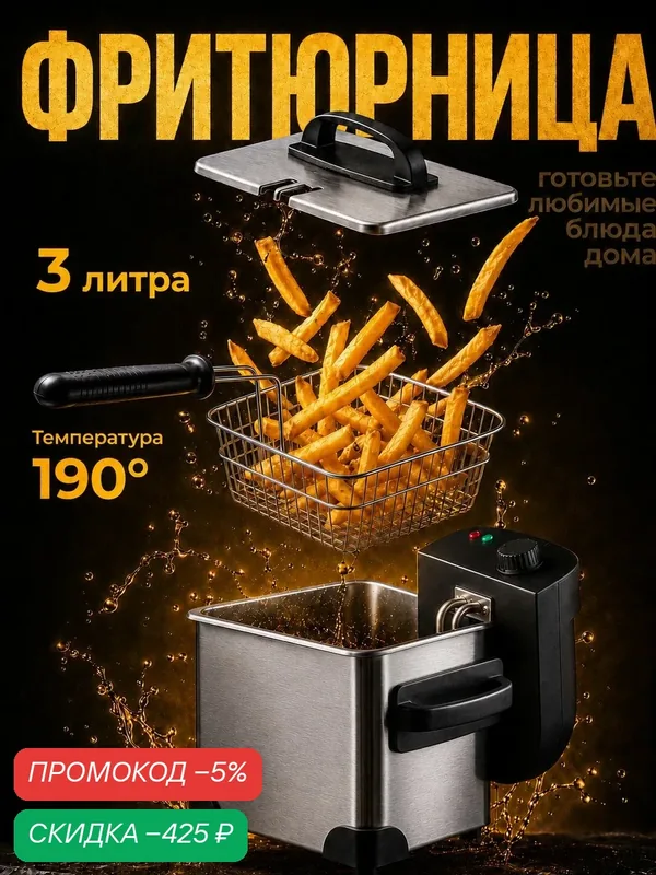 Фритюрница электрическая 3 л для дома, регулировка температуры до 190 C — скидка по промокоду Яндекс Маркет