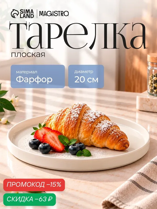 Тарелка фарфоровая обеденная для сервировки с бортиками Magistro Modern, d=20 см, плоская, белая — Magistro, скидка по промокоду Яндекс Маркет
