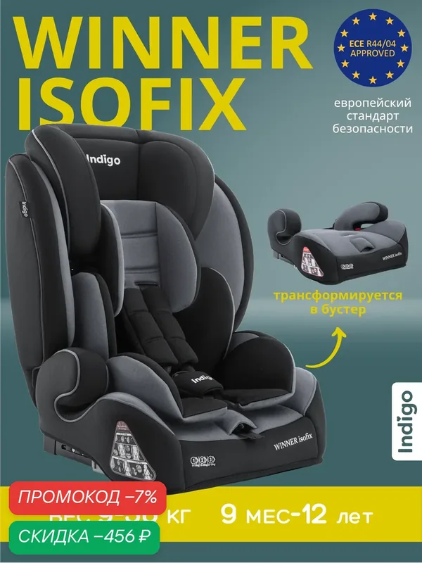 Автокресло бустер 2 в 1 WINNER ISOFIX 9-36 кг, группа 1, 2, 3, черный-серый — Indigo, скидка по промокоду Яндекс Маркет