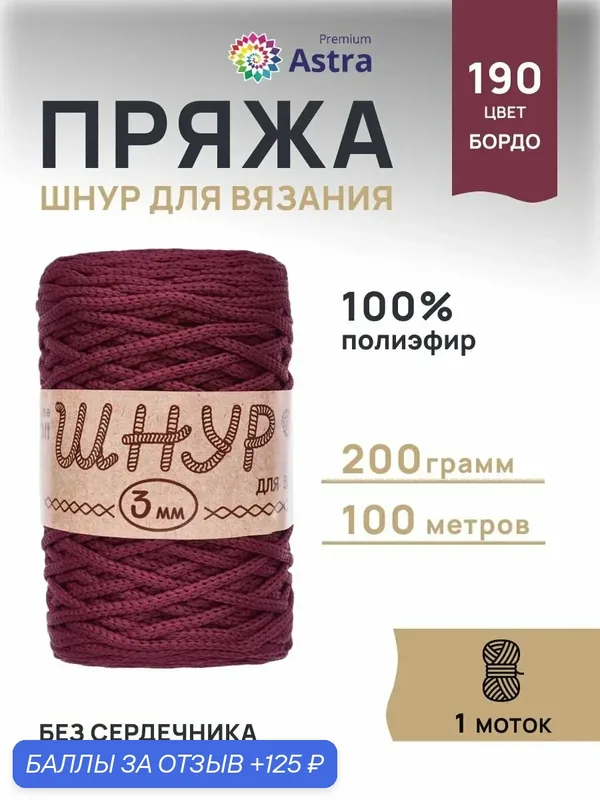 Пряжа для вязания Astra Premium 'Шнур для вязания 3 мм' 200г, 100м (100% полиэфир) (190 бордо), 3 мотка — Astra Premium, 125 баллов за отзыв Яндекс Маркет