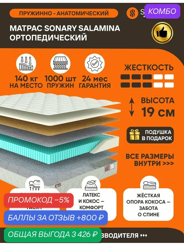 Матрас Sonary Salamina 180х220 серии Town высота 19 см — SONARY, промокод и 800 баллов за отзыв Яндекс Маркет