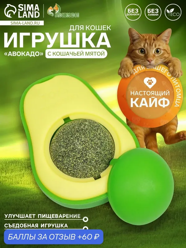 Игрушка для кошек "Авокадо", с кошачьей мятой, пластик, 6 см — ПИЖОН, 60 баллов за отзыв Яндекс Маркет