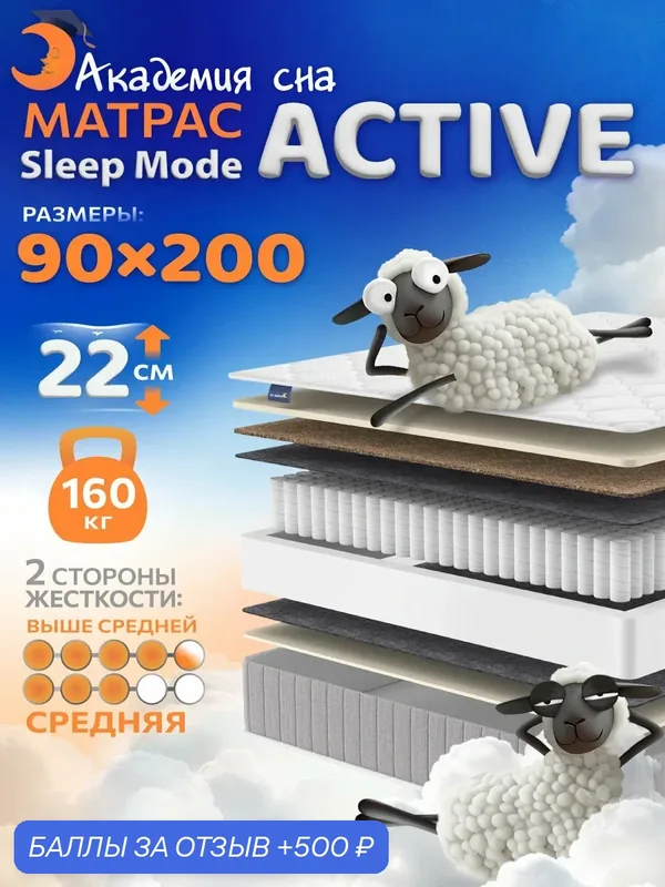 Матрас 90х200 ортопедический Академия сна Sleep Mode ACTIVE, разносторонний — Академия сна, 500 баллов за отзыв Яндекс Маркет