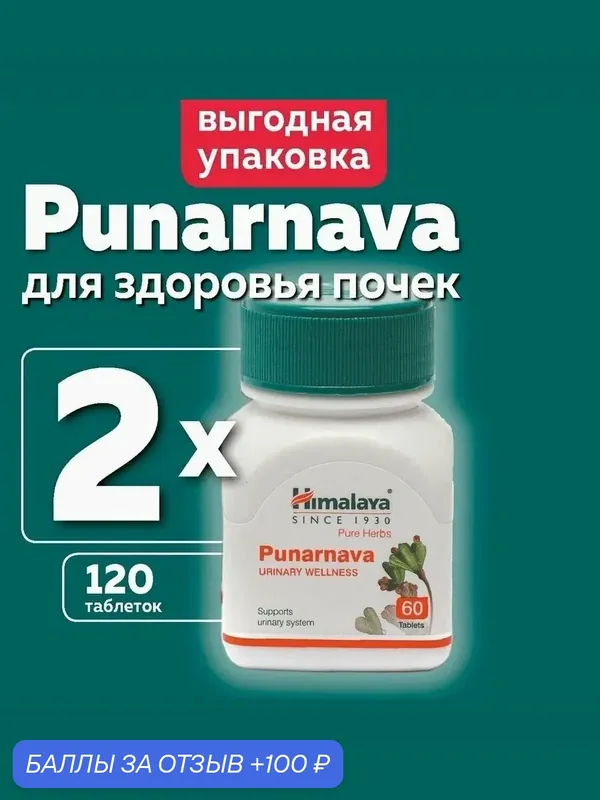 Пунарнава Гималая, Punarnava Himalaya Herbals, пищевая добавка для здоровья почек, 2 шт по 60 таб. — Himalaya, 100 баллов за отзыв Яндекс Маркет
