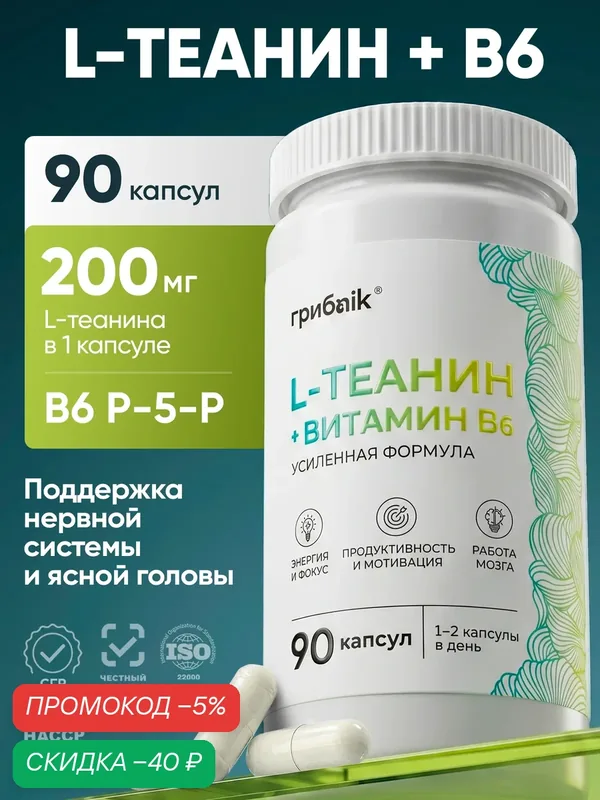 Л Теанин + Витамин B6, l теанин, для мозга, для ясного ума и стабилизации нервной системы 90 капсул, грибnik — грибNik, скидка по промокоду Яндекс Маркет