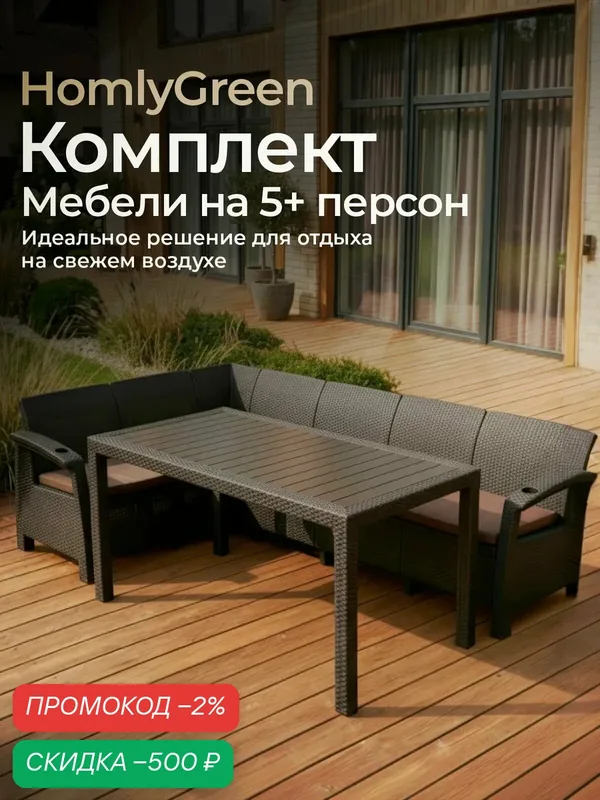Садовая мебель комплект. Диван угловой и стол обеденный 153х79, мокко (подушки коричневого цвета) — HOMLYGREEN, скидка по промокоду Яндекс Маркет