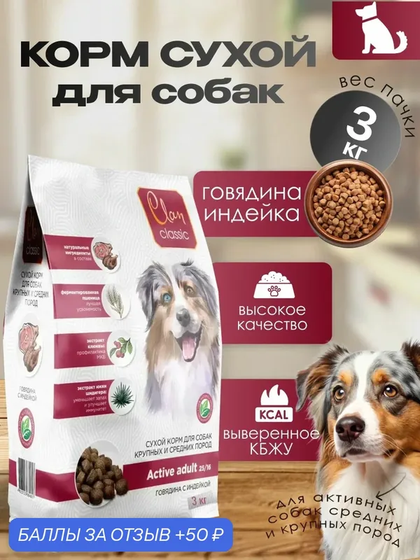 CLAN CLASSIC Active 25/16 сухой корм для активных собак средних и крупных пород с говядиной и индейкой — CLAN, 50 баллов за отзыв Яндекс Маркет